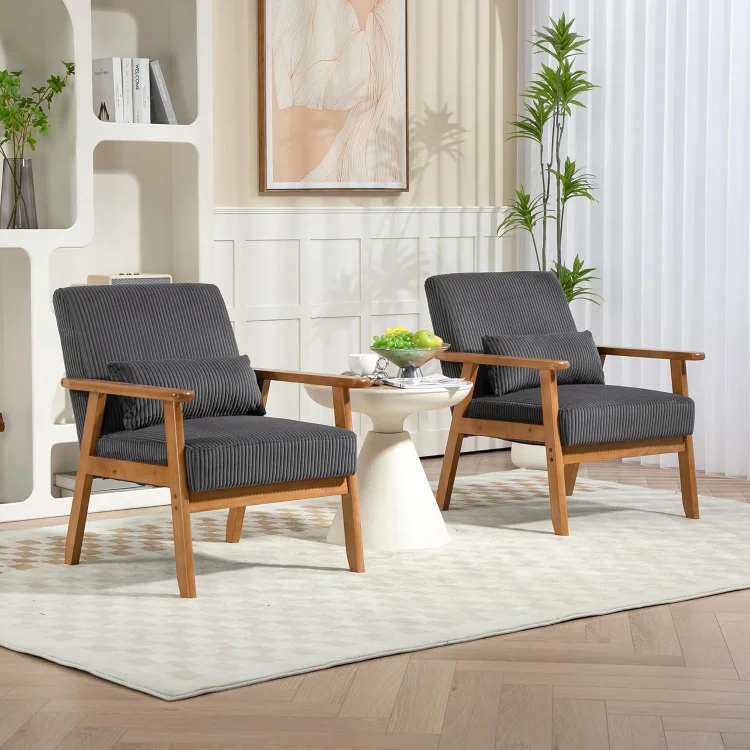 Mid-Century Modern Armchair with Solid Wood Frame and Soft Cushion, Upholstered Reading Leisure Chair with High Back for Living Room