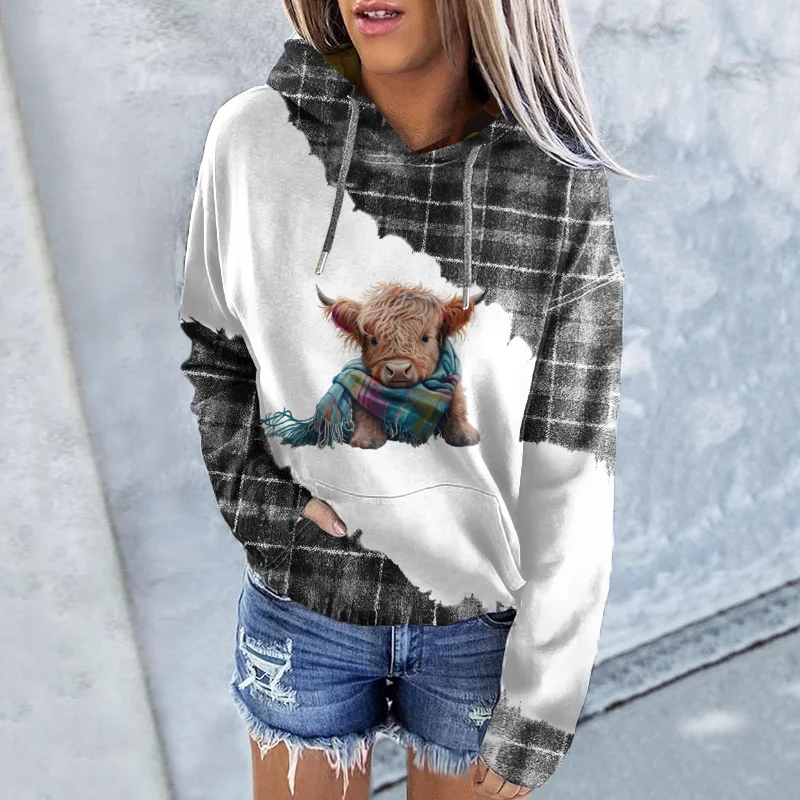 Women's Highland Cow In Plaid Print Casual Hoodie
