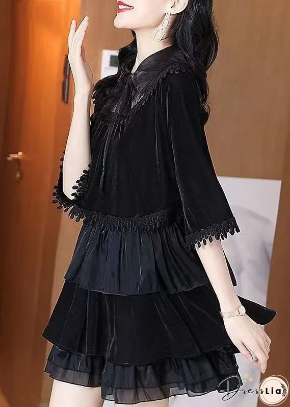 Women Black Ruffled Tasseled Patchwork Velour Mid Dress Fall