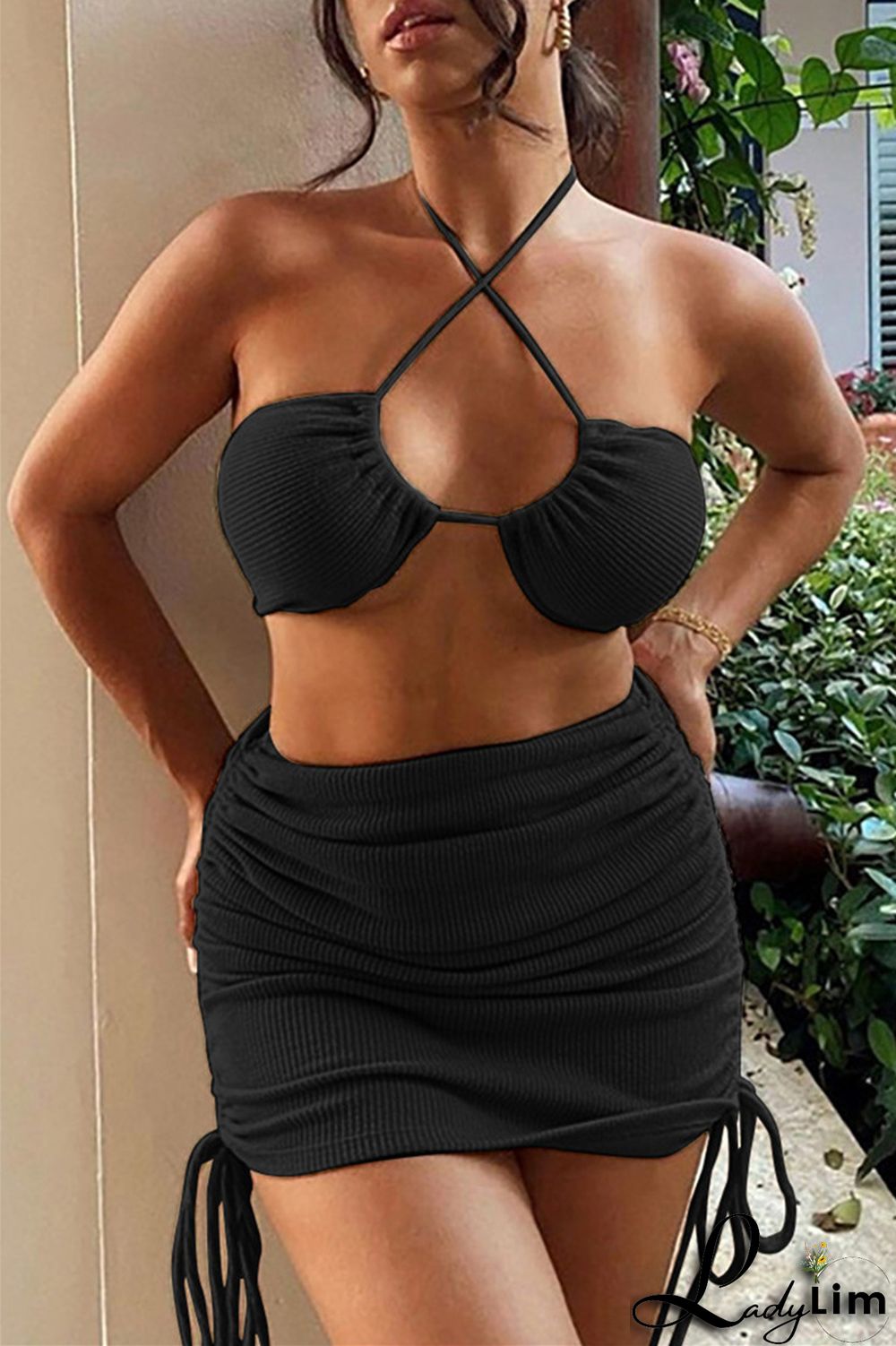 Green Fashion Sexy Solid Bandage Draw String Frenulum Backless Halter Sleeveless Two Pieces