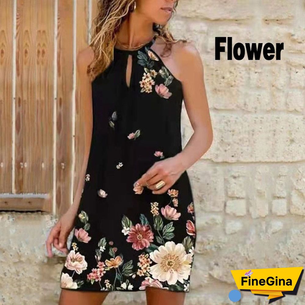 New Summer Women's Fashion Sling Halterneck Print Dress Casual Party Dresses Girls Above Knee sleeveless Dress Plus Size