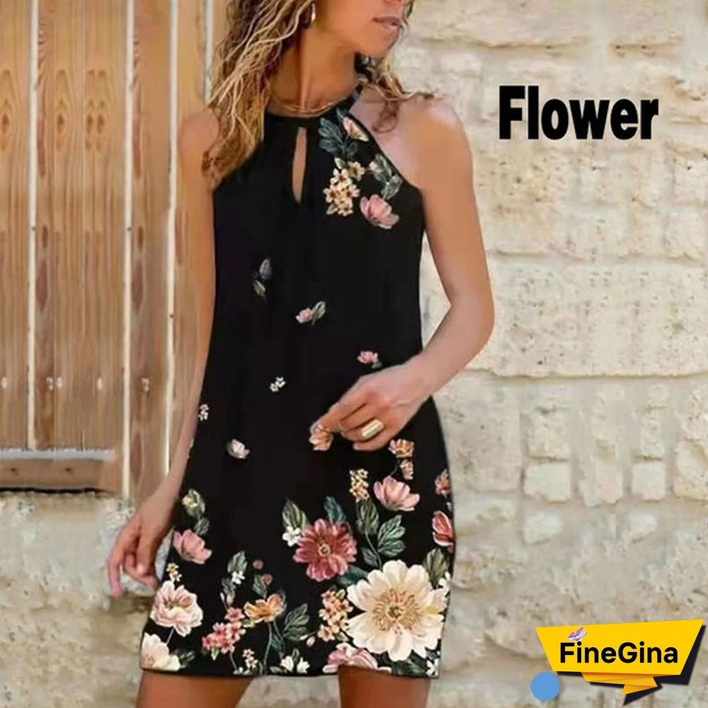 New Summer Women's Fashion Sling Halterneck Print Dress Casual Party Dresses Girls Above Knee sleeveless Dress Plus Size