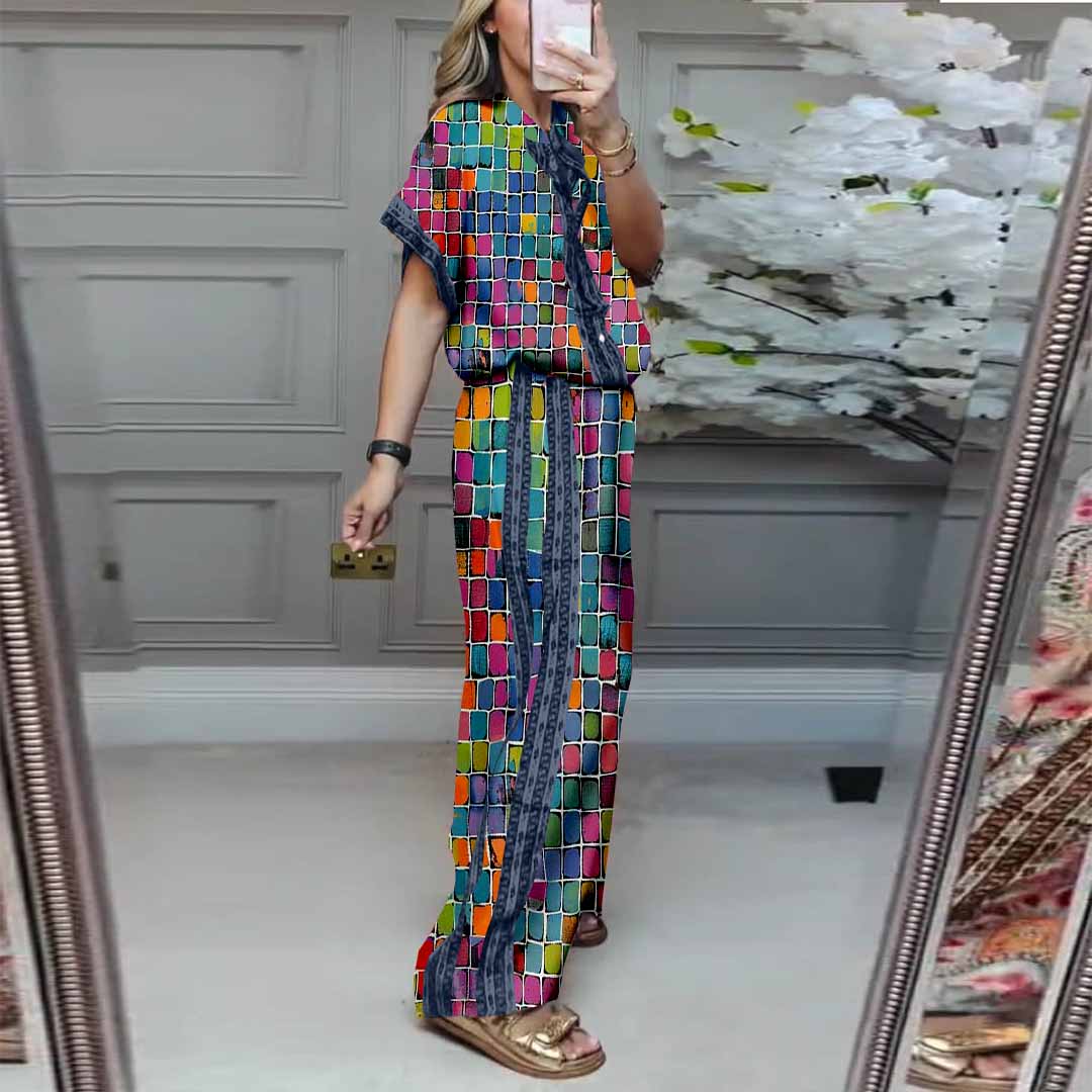 Women Colorful,Floral,Red DZDL1099 V-neck Short Sleeve Blouse and Pants Set