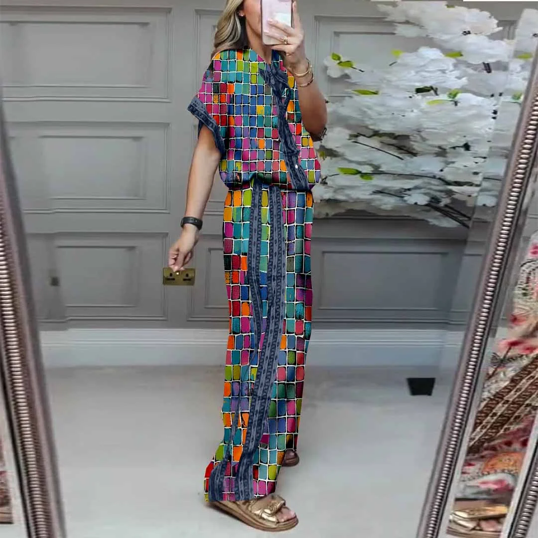 Women Colorful,Floral,Red DZDL1099 V-neck Short Sleeve Blouse and Pants Set