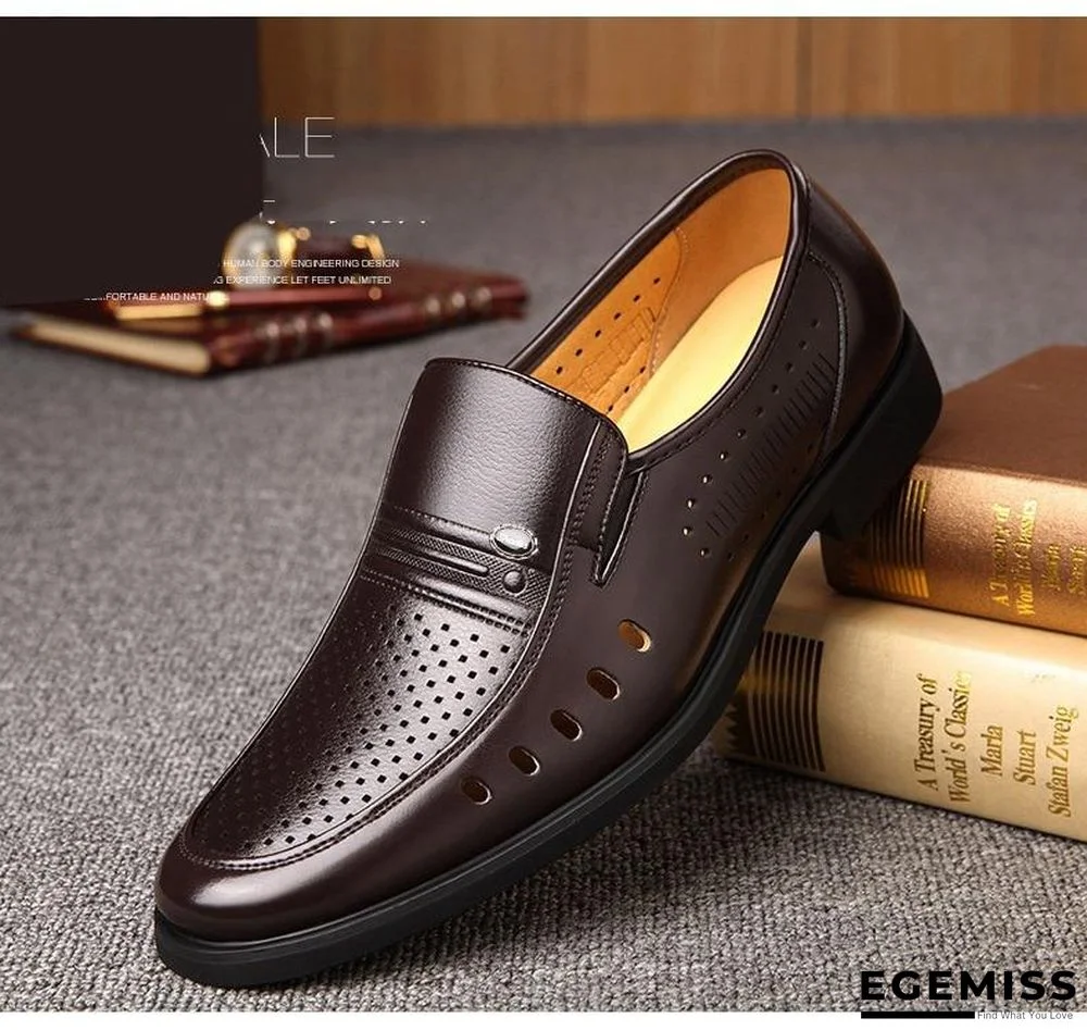 Men's Breathable Slip-On Hollow Leather Classic Business Wedding Shoes Flat Shoes | EGEMISS