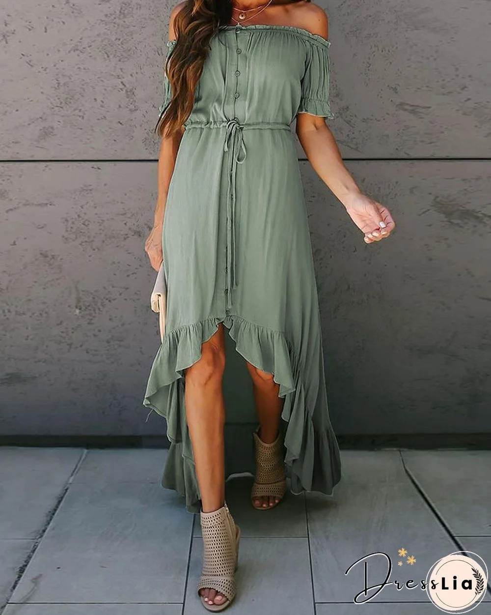 Off Shoulder Ruffle Asymmetric Dress P13645