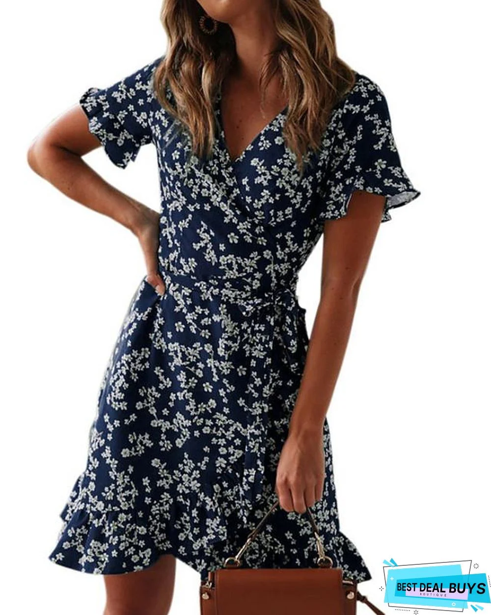 Women's Wrap Dress Short Mini Dress - Short Sleeve Floral Summer Deep V Hot Green Navy Blue