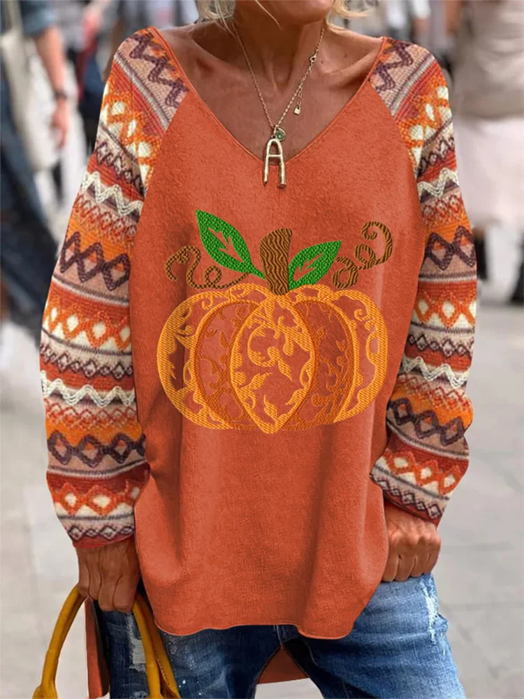 Women's Autumn Pumpkin Print V Neck T-Shirt
