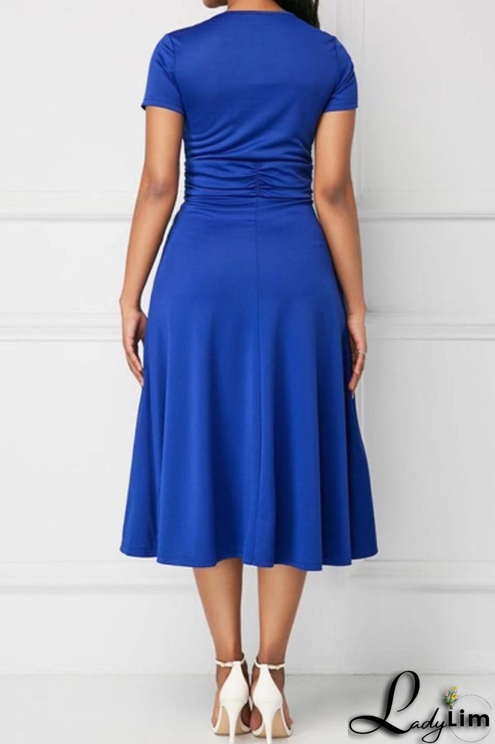 Blue Casual Solid Patchwork V Neck A Line Dresses