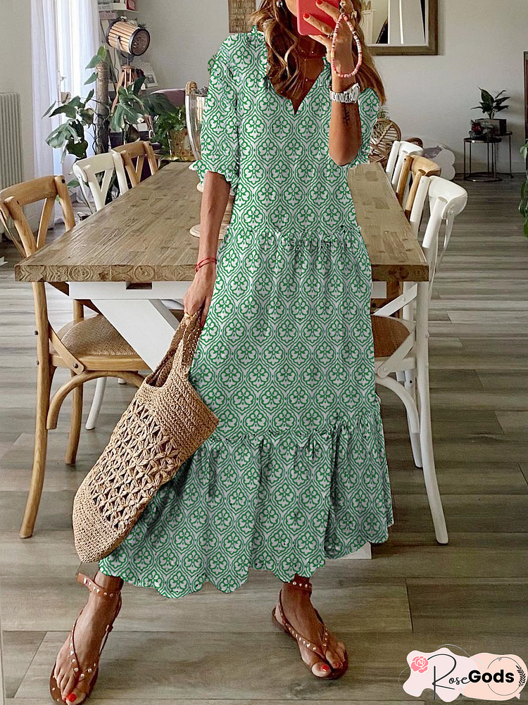 V Neck Short Sleeve Casual Weaving Dress