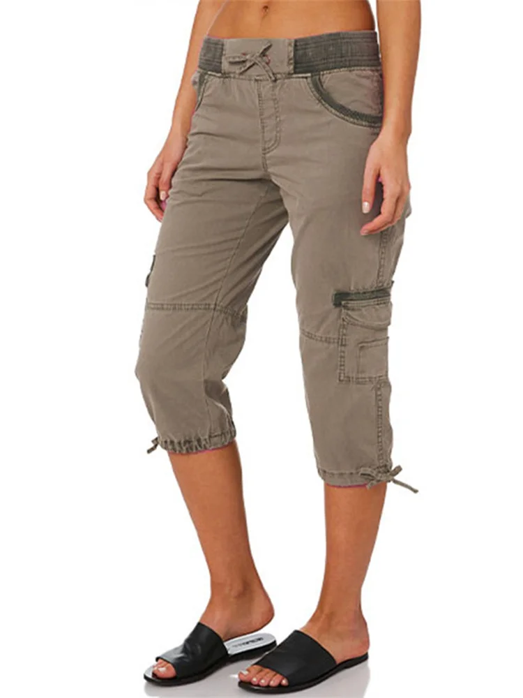 Washed Utility Cargo Casual Capri Pants