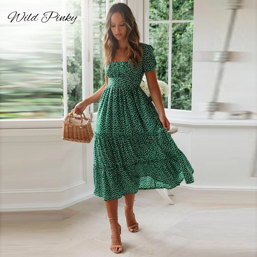 WildPinky 2020 Summer Long Dress Floral Print Boho Beach Dress Women Square Collar Puff Sleeve Dress Sundress Vestidos de festa