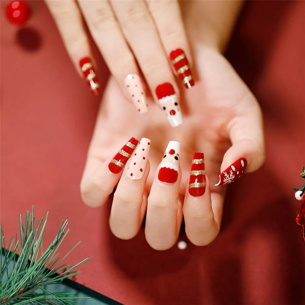 24Pcs/Box Christmas Coffin False Nail Patches Press on Nails Xmas Pattern Ballerina Manicure Full Cover Detachable Nail Tips-Nail Inspo