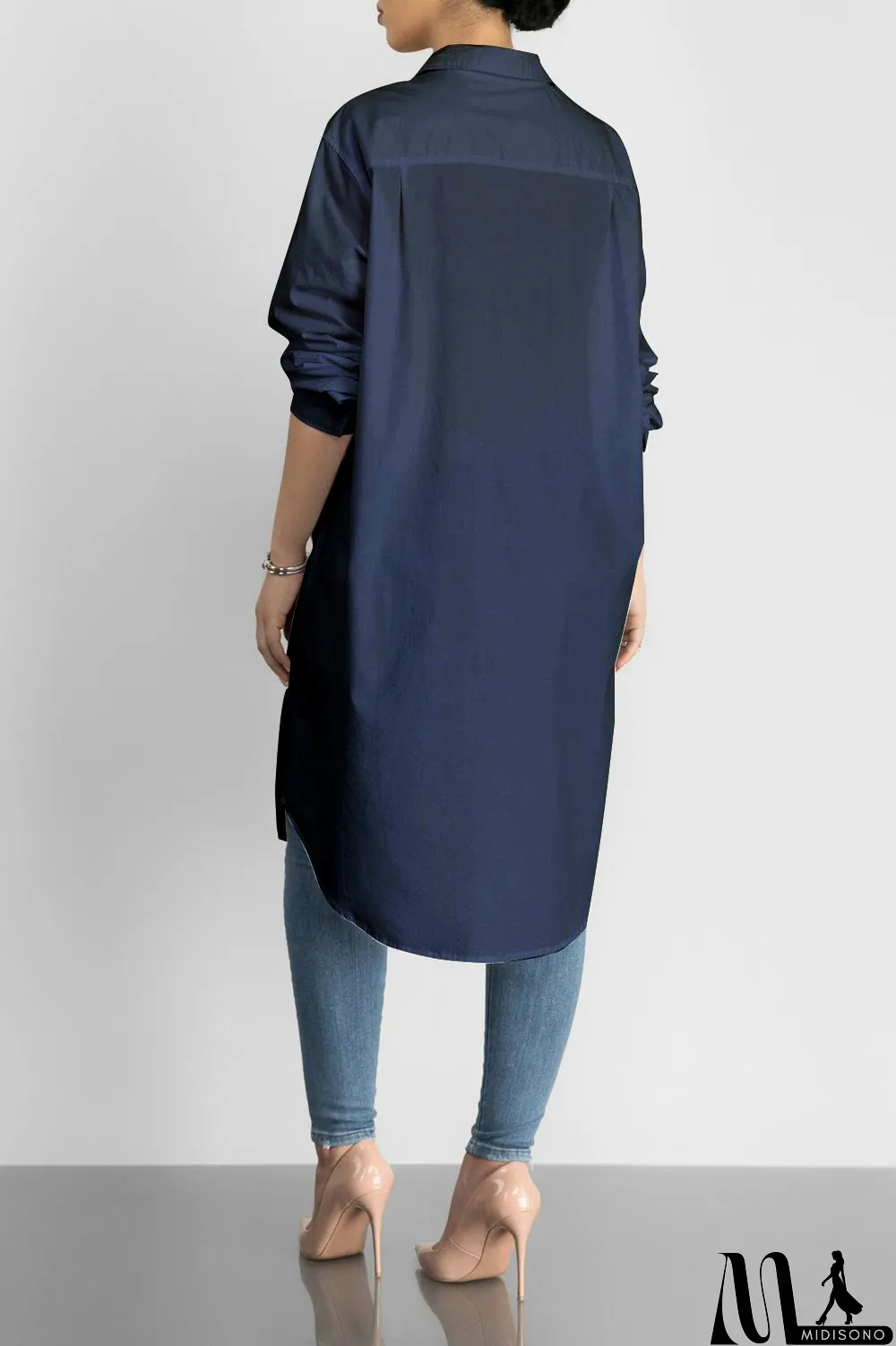 MidiSono - Plus Size Solid Long Sleeve Long Style Shirt Tops