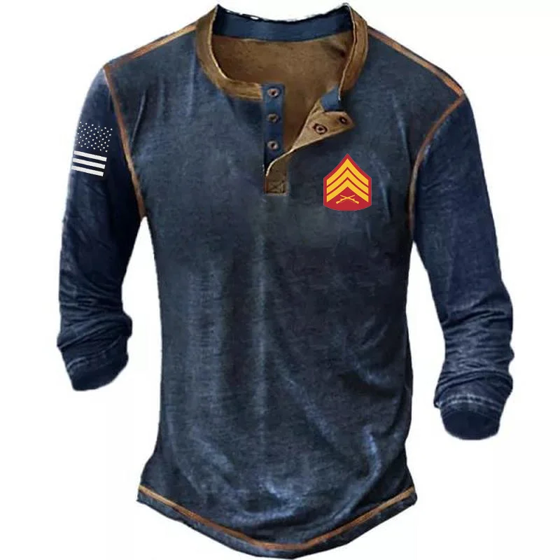 Fashion Icon Printed Henry Color Contrast Long Sleeve Shirt