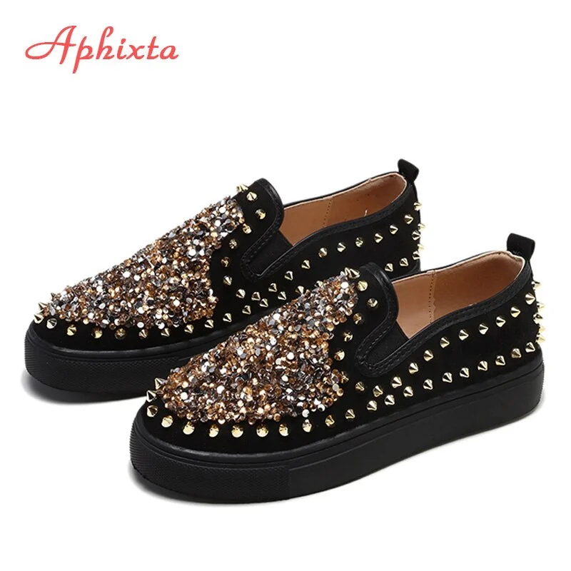 Aphixta Flat With Shoes Women Men Flats Sequined Cloth Revits Couple Platform Woman Shoes Bling Crysta Black Flat Heels Shoe