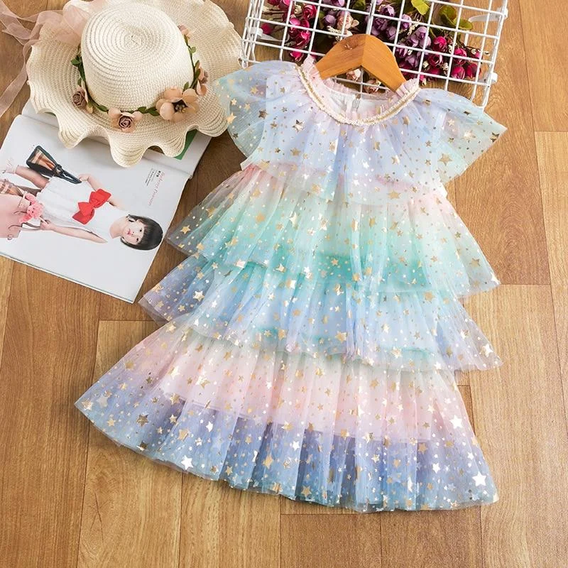 Baby Girl Summer Princess Dress Mesh Chiffon Cake Layers Tutu Outfit  Birthday Party  Dresses Children Clothing Casual Wear