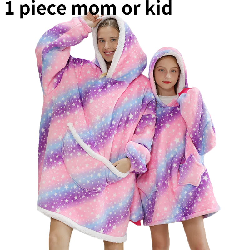 Sherpa Blanket Hoodie Family Oversized Homewear Fleece Warm Thick Girls Sleepwear Cartoon Printed Hoody Sweatshirt TV Blanket