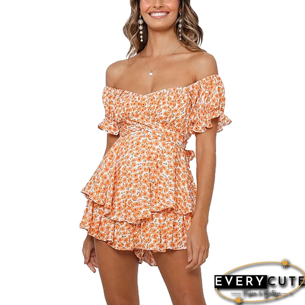 Orange Pink Digital Print Ruffle Off Shoulder Romper
