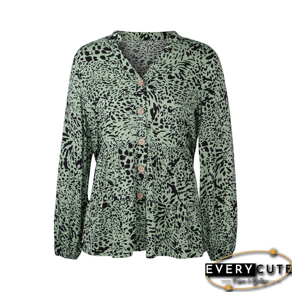 Original Design Green Floral Print V Neck Tunic Tops