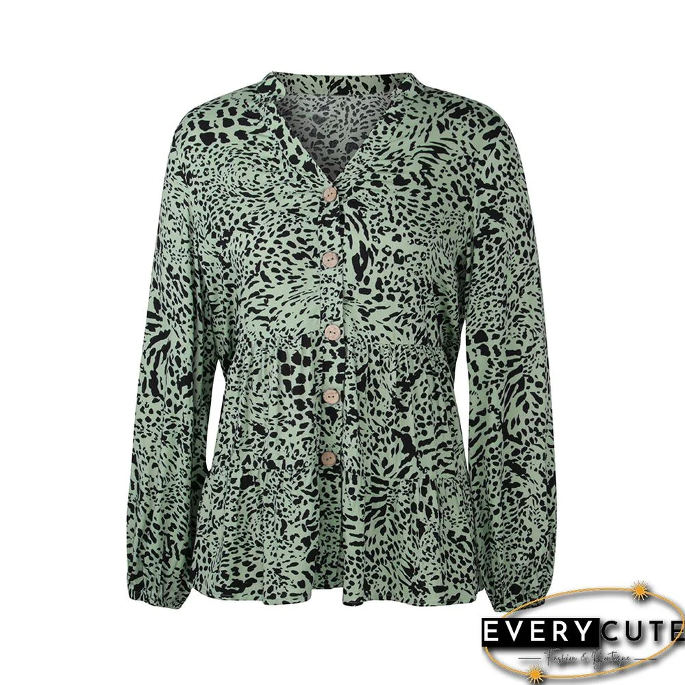 Original Design Green Floral Print V Neck Tunic Tops