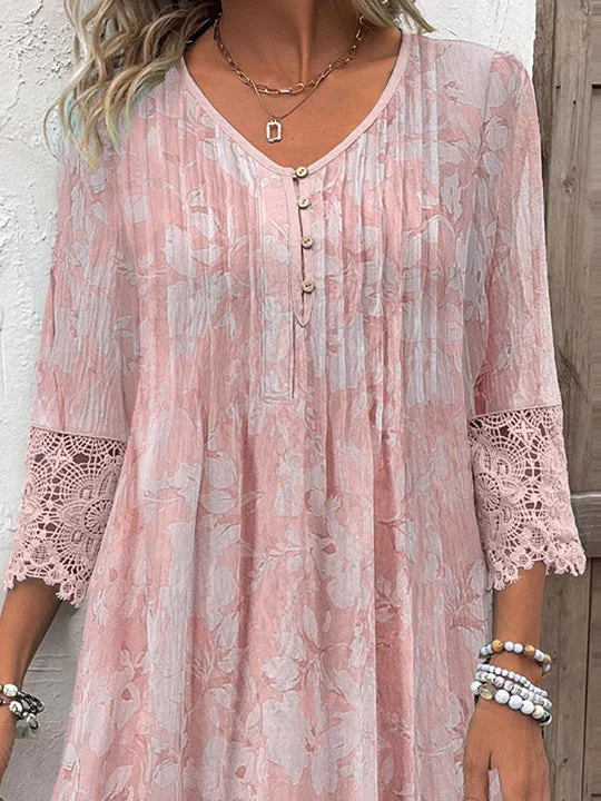 Women Half Sleeve V-neck Solid Color Dress