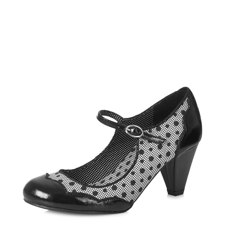 Black Polka Dot Cone Heel Mary Jane Pumps |FSJ Shoes