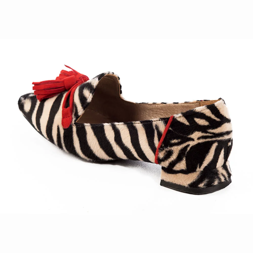 Black and Beige Zebra Print Round Toe Tassel Loafer Shoes Women