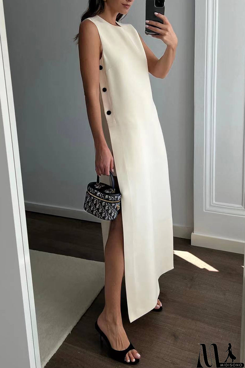 MidiSono - Casual Solid Buttons O Neck Sleeveless Dresses