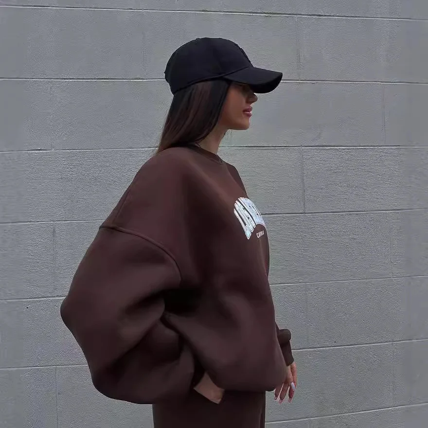 Nigikala Nigikala Women's Casual Fashion Print Thick Set Plus Velvet Long Sleeves Set