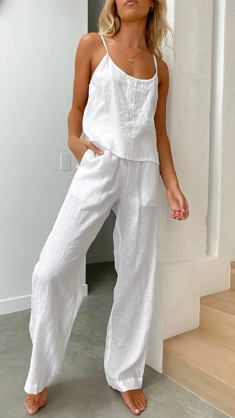 Women's 100% Cotton Set Sleeveless White Suspender and Long Pants  2Piece Set