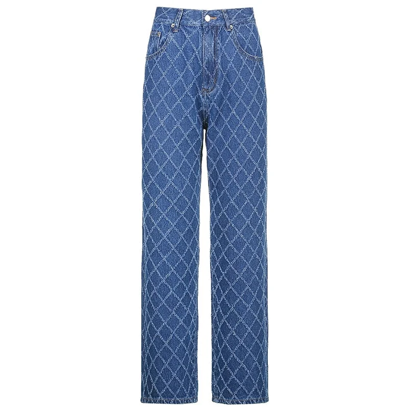 HEYounGIRL Casual Argyle Woman Jeans Straight High Waist Pants Capris Froll Plaid Fashion Long Denim Trousers Streetwear