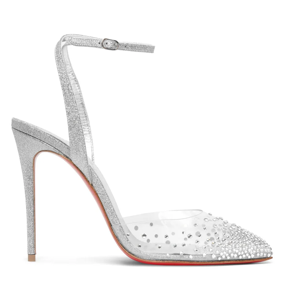 100mm Crystal Embellished PVC Metallic Pointy Toe Red Bottom Pumps Sandals-vocosishoes