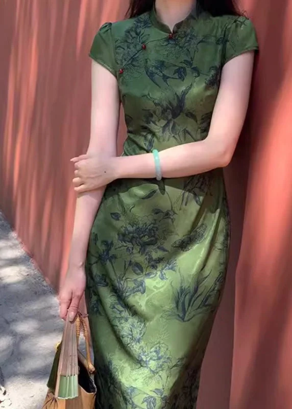 Jacquard Green Stand Collar Button Silk Long Dress Short Sleeve