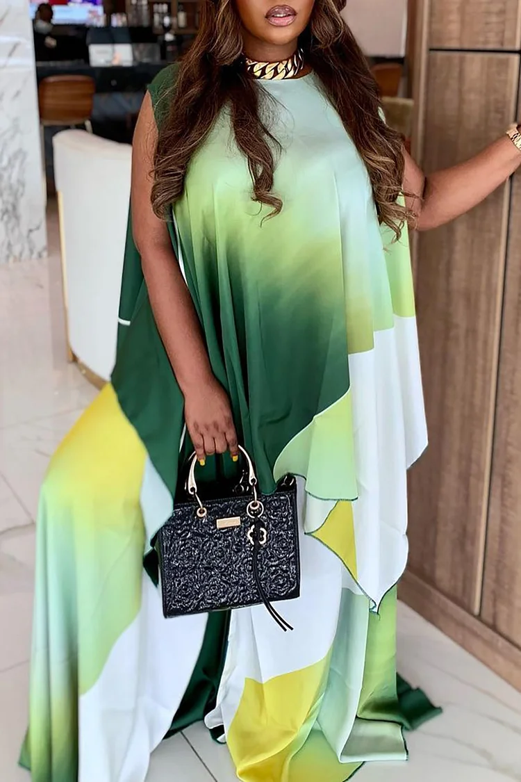 Plus Size Casual Pant Set Green Gradient Sleeveless Wide Leg Two Piece Pant Set 