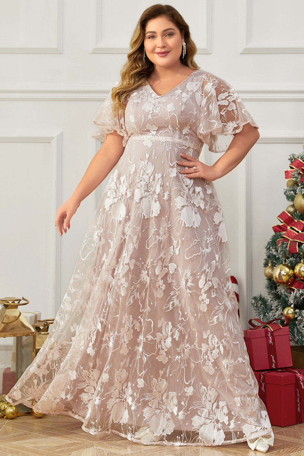 Flycurvy Plus Size Mother Of The Bride Pink Embroidery Ruffle Sleeve Tunic Maxi Dress 2024 - Flycurvy 