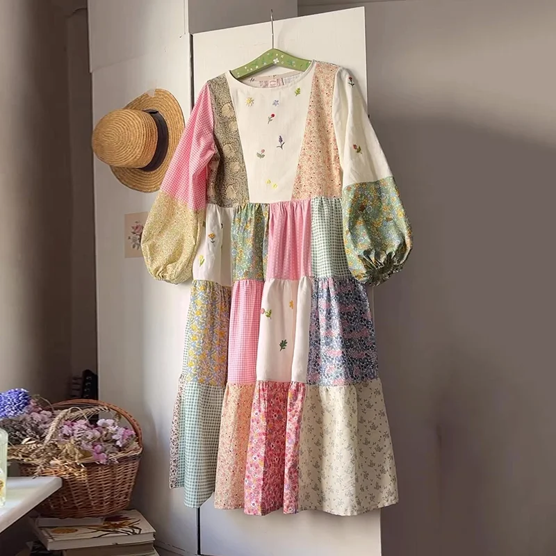 Women's Vintage Bohemian Floral Patch Comfort Dress