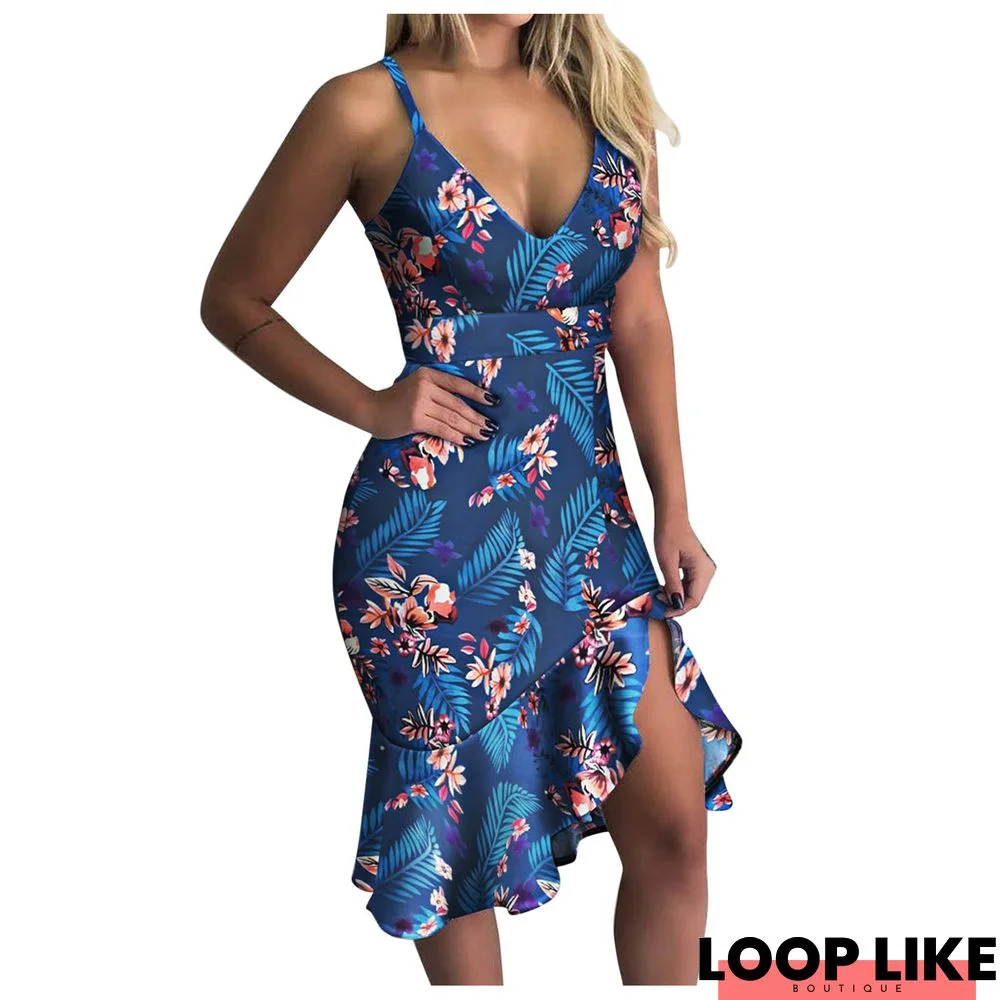 Printed Low-Cut Sling V-Neck Ruffled Hip Dress