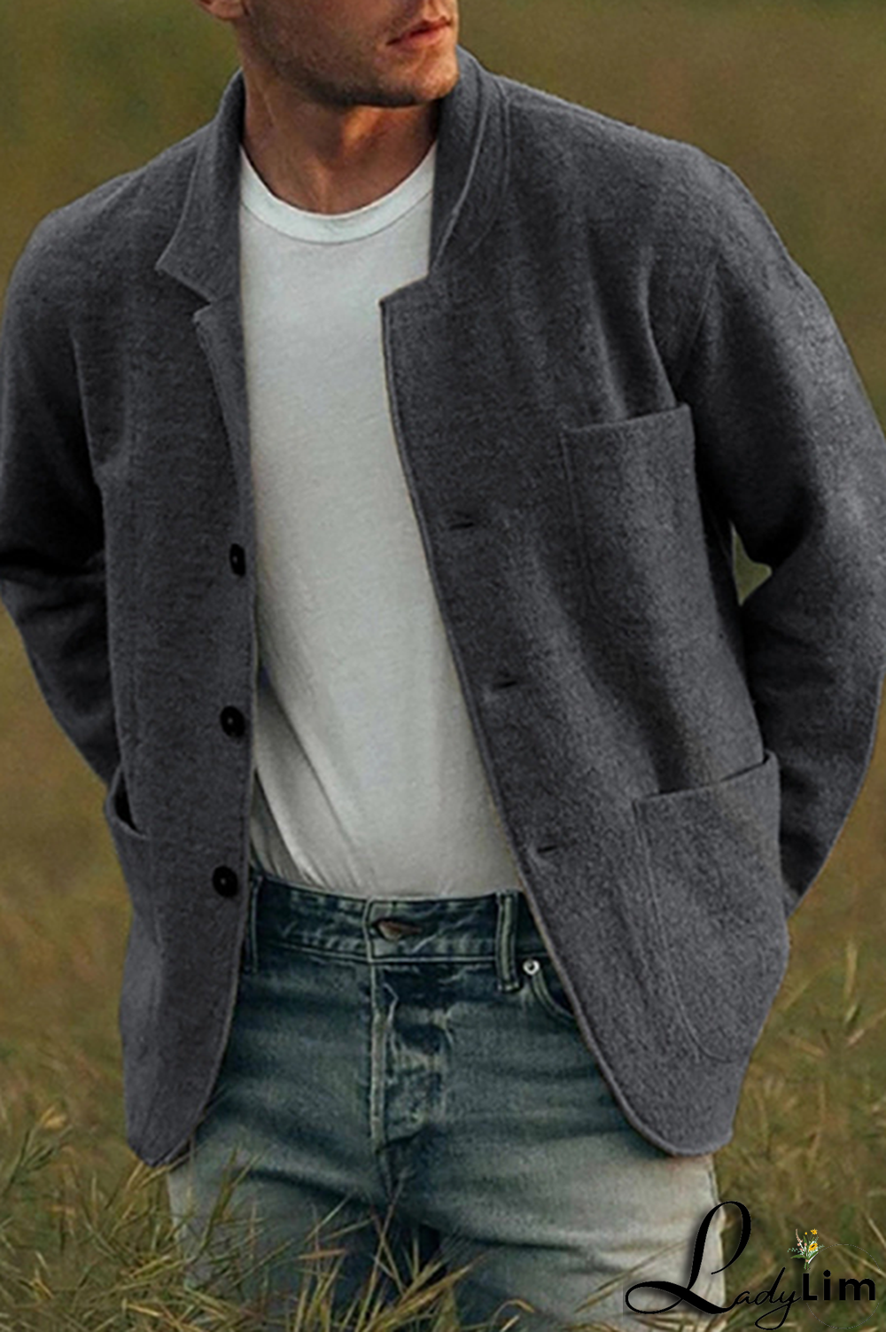 Khaki Fashion Casual Solid Pocket Buckle Turndown Collar Outerwear