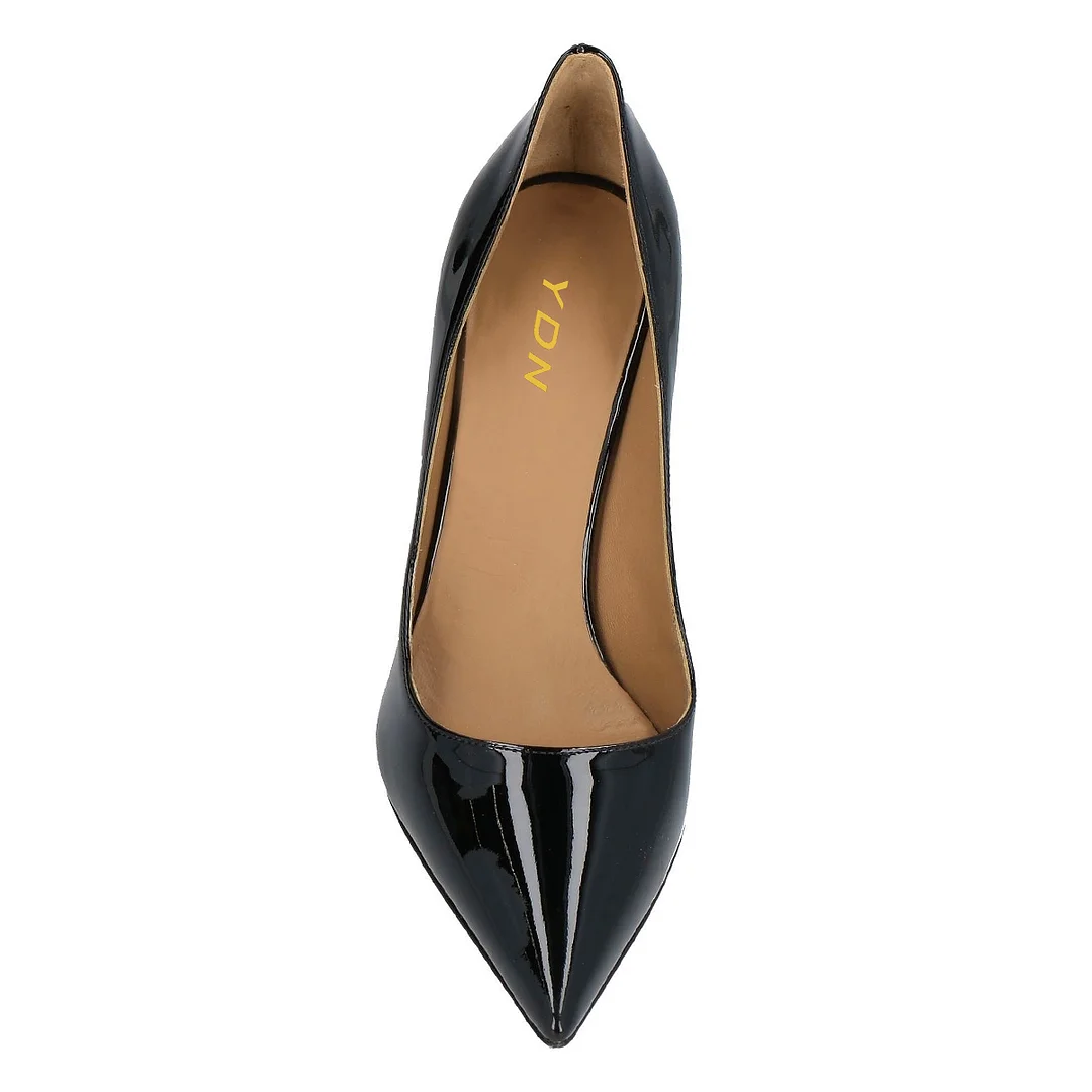 Black Patent Leather Pointed Toe Elegant Pumps with Flared Heels