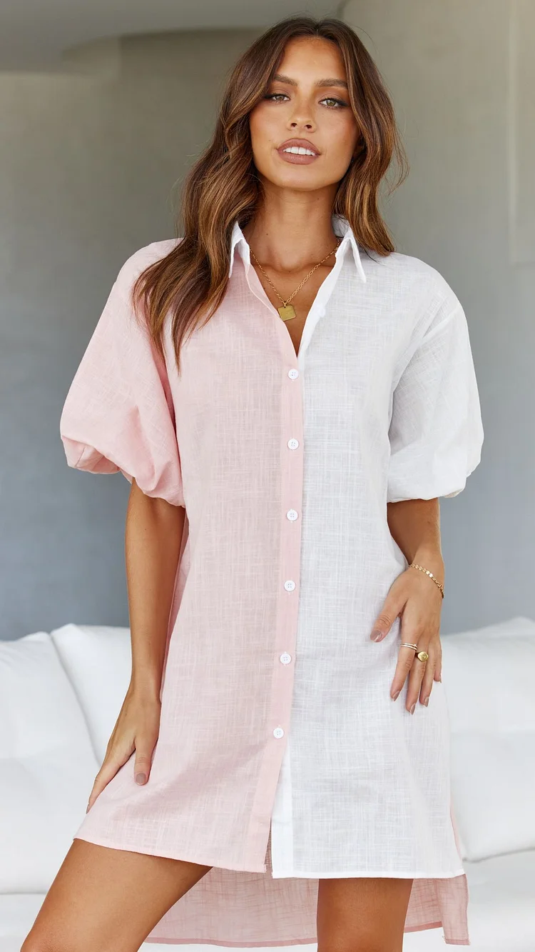 Oversized Fit Short Color Matching Shirt Mini Dress-Pink