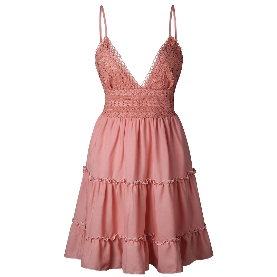 Women Lace Sexy Backless V-neck Beach Dresses Sleeveless Mini Sundress
