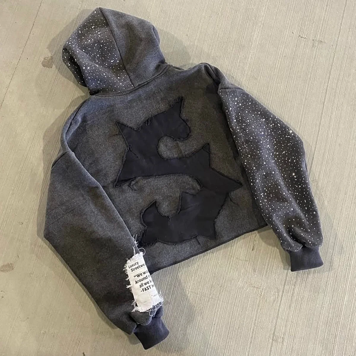 Fast Money Patch Embroidery Gemstone Crafts Zip-up Washed Hoodie