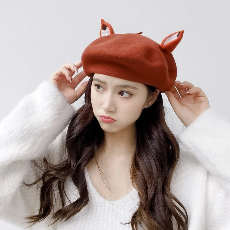 Autumn And Winter Japanese Cute Elk Horn Beret Bear Fox Ear Beret Wool Felt Painter Hat