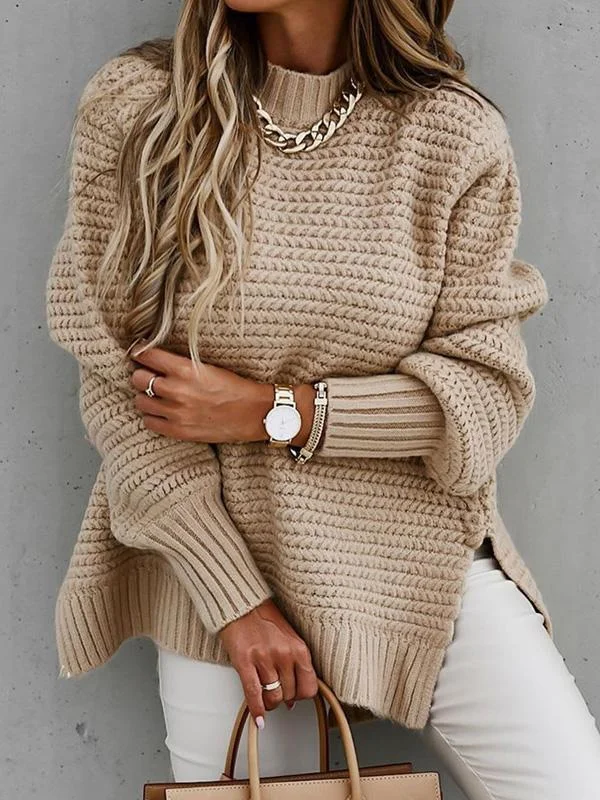 Women's Half High Neck Long Sleeve Split Sweater