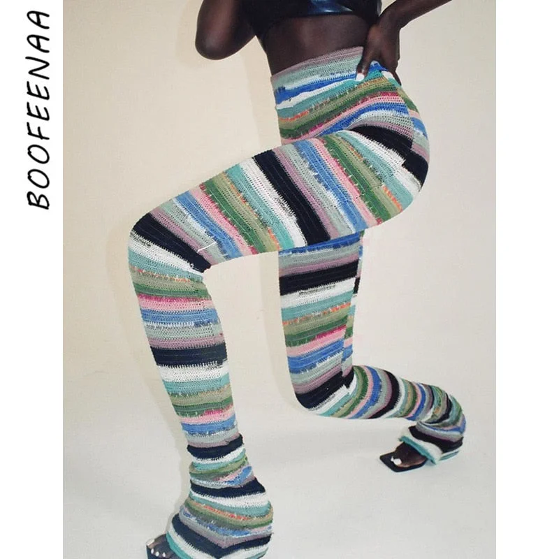 Abebey Colorful Striped Knitted Stacked Pants Streetwear Women Hippie Clothes Fall 2023  Extra Long Trousers C69-CB22