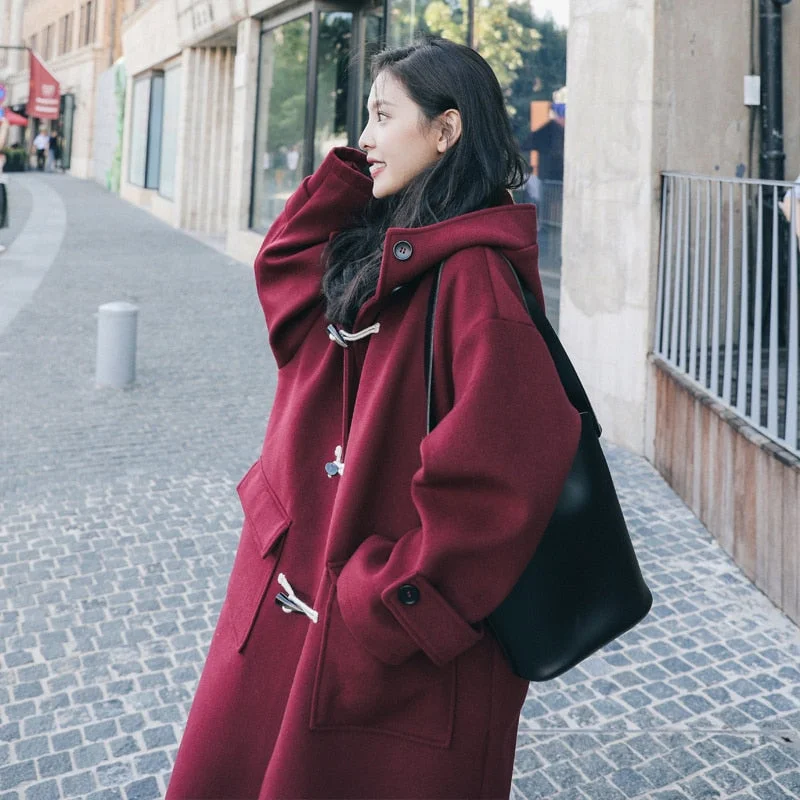 2021 Autumn And Winter New Korean Red Horn Button Tweed Coat Women's Middle Long Hooded Student's Woolen Coat