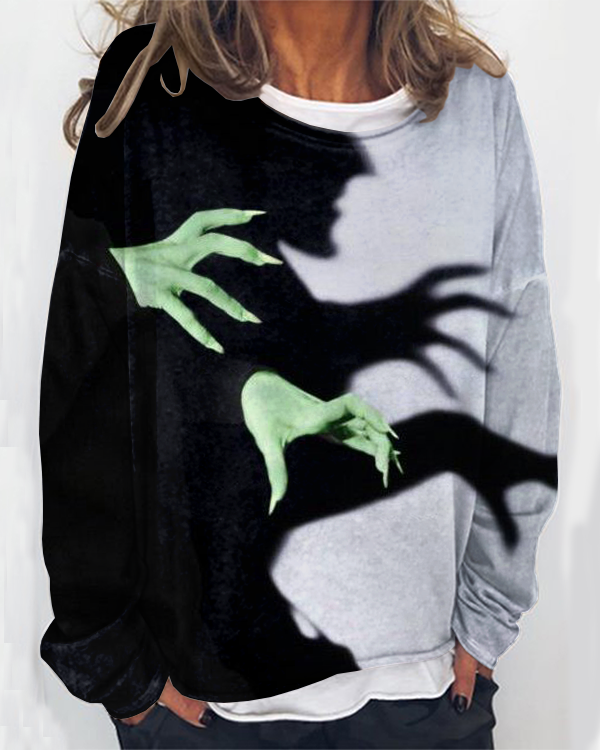 Halloween Witch Shadow Print Casual Crew Neck Long Sleeve Top