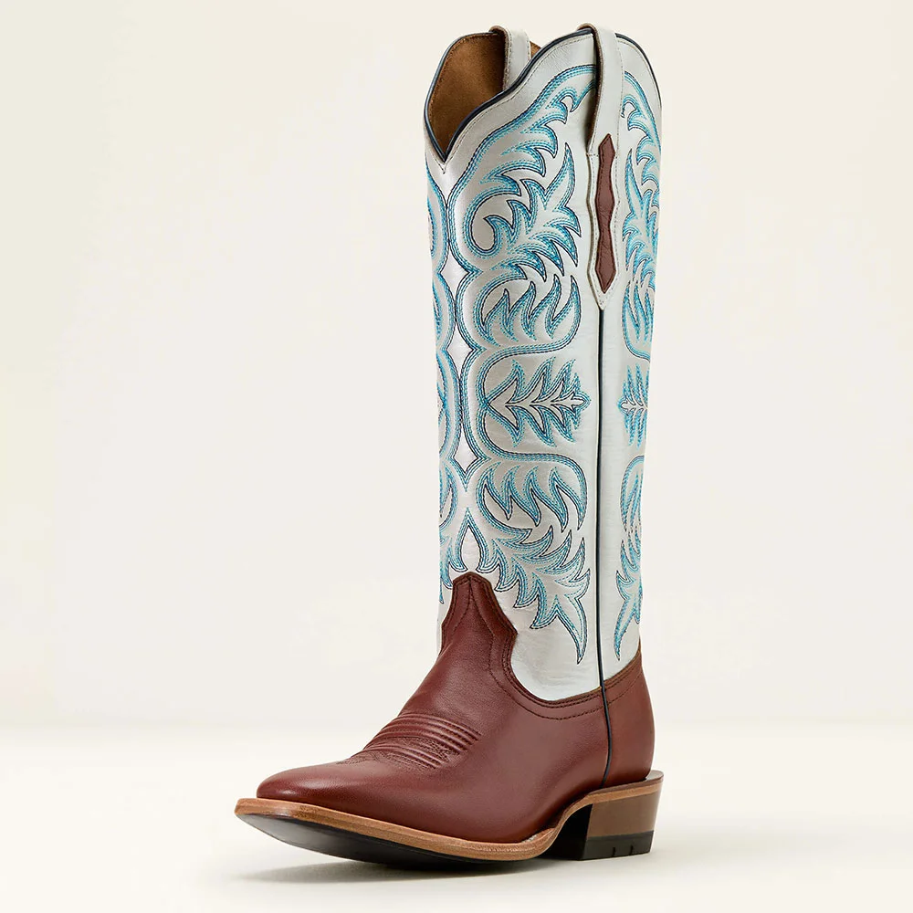 Brown & White Square Toe Embroidered Pull-On Western Boots for Women
