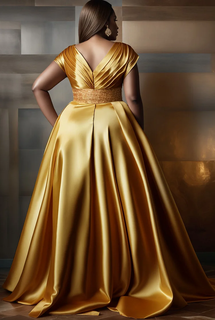 Xpluswear Design Plus Size Formal Gold V Neck Short Sleeve Pocket Satin Maxi Dresses [Pre-Order]